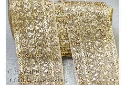 Headband Lace 2 Cm Wide r13f03 9 Yards Fabric Lace embellished with Sequin Gold Zari Embroidery Trim Sari Border Crafting Dupatta Sash