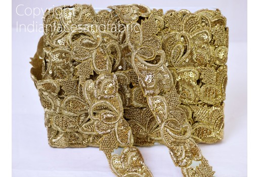 Handcrafted Decorative Zardozi Gold Trim by the Yard Sari Border Indian Crafting accessories Floral Zari Ribbon Embellishments wear dresses garment clothing costume Christmas Trimmings