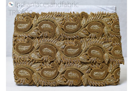 Paisley Gold Zardozi Trim By The Yard Indian Handcrafted Sari Border Crafting Ribbon Saree Embroidered Zari Lace Handmade Trimmings Costumes