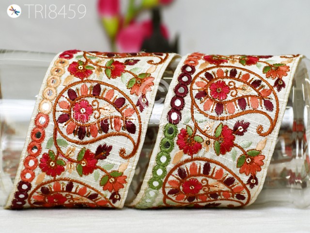 Paisley Silk Embroidered Ribbon Trims Decorative Indian Sari Border Trim By 3 Yard Sewing Fabric Crafting Trimmings Embellishments Lace