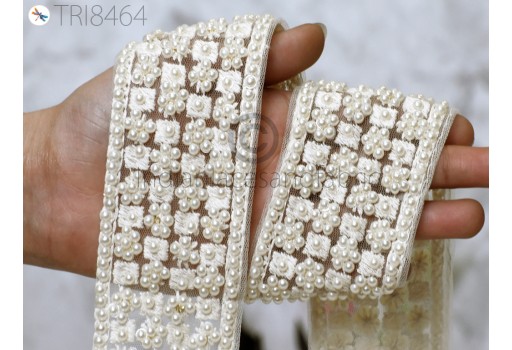 White Beaded Trim By 3 Yard Embroidered Saree Ribbon Decorative Indian Sari Border Sewing fabric trims and embellishments Crafting Tapes