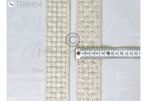 White Beaded Trim By 3 Yard Embroidered Saree Ribbon Decorative Indian Sari Border Sewing fabric trims and embellishments Crafting Tapes