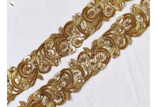 Gold Zardozi Trim By The Yard Indian Handcrafted Floral Sari Border Crafting Saree Ribbon Embroidered Zari Lace Handmade Trimmings Costumes