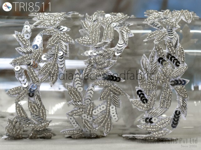 Handmade Silver Zardozi Trim By 2 Yard Indian Sari Border Wedding Bridal Belt Sash Saree Embroidered Zari Decorative Handcrafted Trimmings