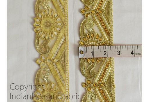 9 yard Wholesale gold kundan laces wedding saree trim dresses tape beaded costume trimmings ribbon Indian gown border crafting sewing beach bags accessories