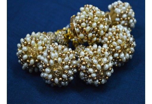 4 pc Ivory Gold Beaded Tassels Decor Decorative Indian Handmade DIY Crafting Jewelry Charms Embellishment Bridal Curtains Tiebacks Latkans