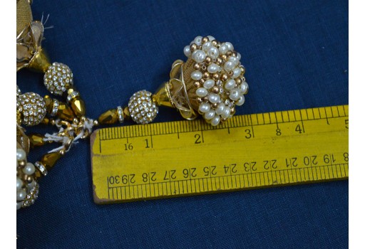 4 pc Ivory Gold Beaded Tassels Decor Decorative Indian Handmade DIY Crafting Jewelry Charms Embellishment Bridal Curtains Tiebacks Latkans