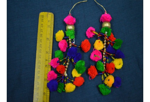 Boho Hippie Banjara Key Charm Accessories Latkan Home Decor Curtains DIY Crafting 1 Pair Tribal Pom-Pom Tassels For Hair Accessory or Belt