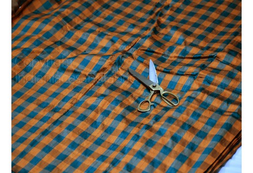 Orange teal pure dupioni check stripes fabric raw silk by the yard indian fashion designer wedding dresses pillowcases drapery cushions costumes sewing craft
