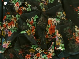 Indian black pure silk floral print organza saree fabric by the yard DIY hair crafting sewing accessories wedding sari dresses bridesmaid costumes dolls women apparel