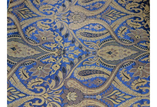 Navy blue banarasi brocade by the yard banarasi blended silk golden floral motifs design fabric evening dress home decoration furniture cushion cover table runner brocade