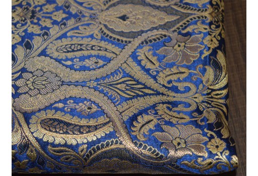 Navy blue banarasi brocade by the yard banarasi blended silk golden floral motifs design fabric evening dress home decoration furniture cushion cover table runner brocade