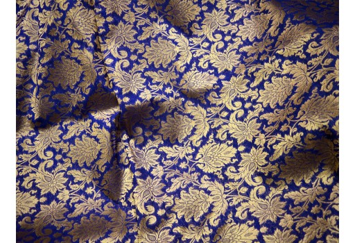 Indian Blended Silk Navy Blue Brocade By The Yard Headband Material Banarasi Jacket Midi Dress Golden Floral Motifs Design gown Hat Making Home Furnishing festive wear Skirts Fabric