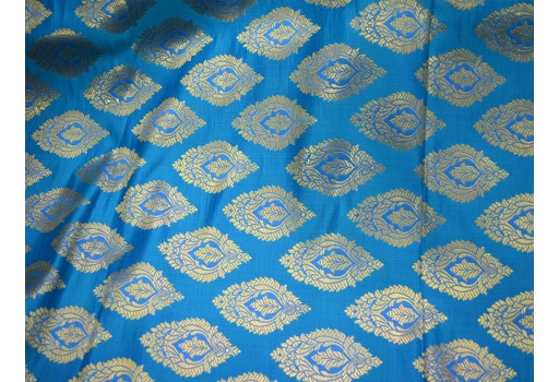 Indian Silk Blended Sky Blue Brocade By The Yard Headband Material Banarasi Jacket Fabric Midi Dress Brocade Golden Motifs Small Design Hat Making Home Furnishing Fabric Skirts
