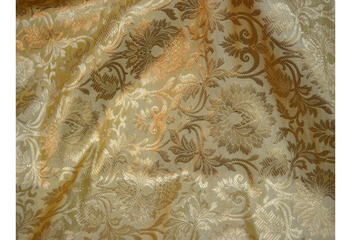Cream Gold Woven Floral Design Silk Brocade Blended Beige Fabric By The Yard Indian Banarasi Jacket Sewing Material Bridal Clutches Fabric Wedding Dress Lehenga Making Skirt