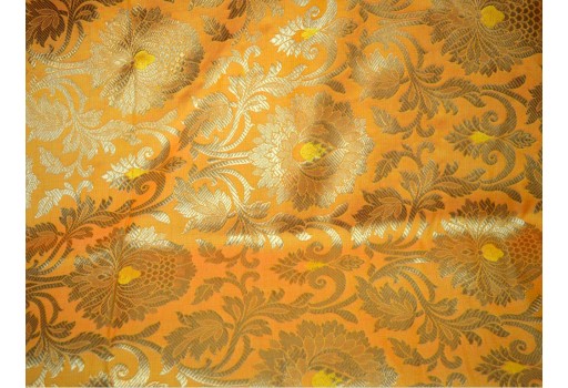 Benarasi Blended Silk Gold Floral Design Fabric Peach And Yellow Brocade By The Yard Occasion Curtain Making Material Outdoor Hair Crafting Tops Scrap Booking Projects Brocade