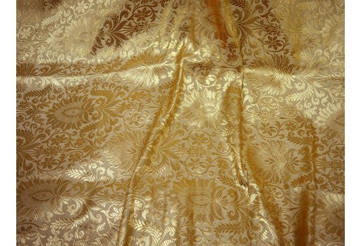 Banarasi Silk Brocade Illustrate Golden Woven Design Beige Gold Brocade By The Yard Evening Dress Material Mat Making Furniture Cover Clutches Bow Tie Fabric