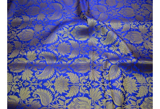 Blended Silk Royal Blue Brocade By The Yard Headband Material Banarasi Jacket Fabric Midi Dress Golden Floral Design Bow Tie Making Home Furnishing clothing accessories