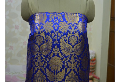 Blended Silk Royal Blue Brocade By The Yard Headband Material Banarasi Jacket Fabric Midi Dress Golden Floral Design Bow Tie Making Home Furnishing clothing accessories