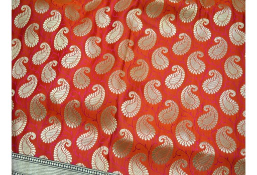 Blended Orange Brocade By The Yard Headband Material Banarasi Jacket Fabric Midi Dress Golden Design Bow Tie Making Home Furnishing Fabric Wedding Dress boutique material