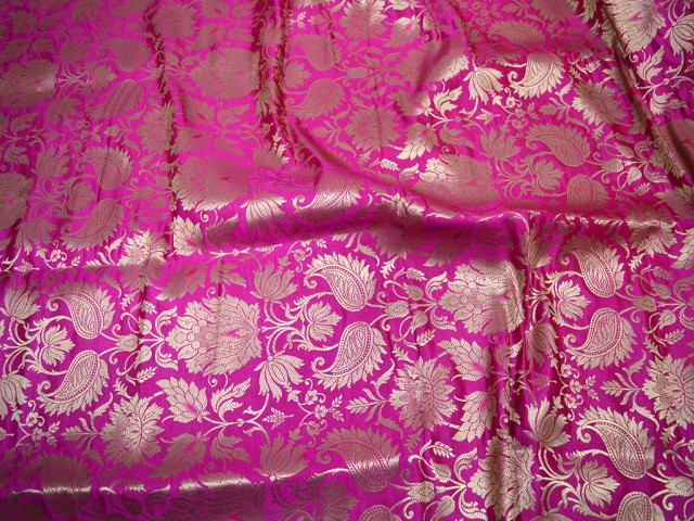 Golden Woven Design Blended Silk Magenta Fabric By The Yard Indian Banarasi Jacket Sewing boutique Material Bridal Clutches craft supplies Wedding Dress Lehenga Making Fabric Skirt