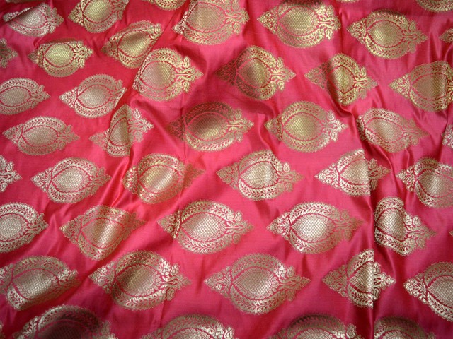 Banarasi Blended Silk Brocade By The Yard Golden Design Coral And Gold Occasion Pillow Cover boutique material Wedding Dress Outdoor Hair Crafting Tops Scrap Booking Projects fashion blogger Brocade