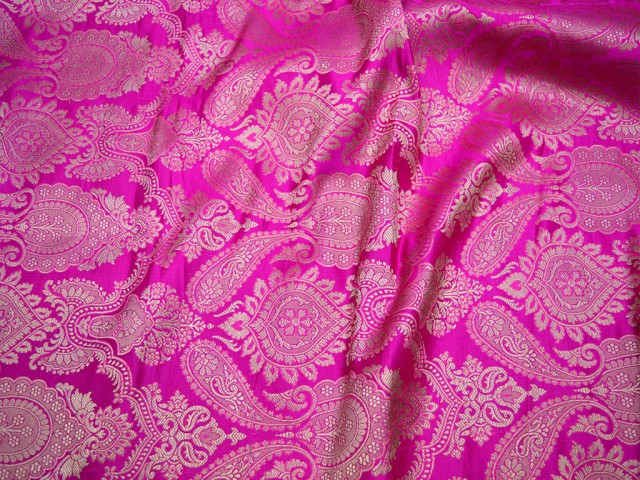 Indian Blended Silk Magenta Brocade By The Yard Headband Material Banarasi Vest Coat Fabric Midi Dress Golden Design Bow Tie Making Home Furnishing Sewing Accessories Fabric