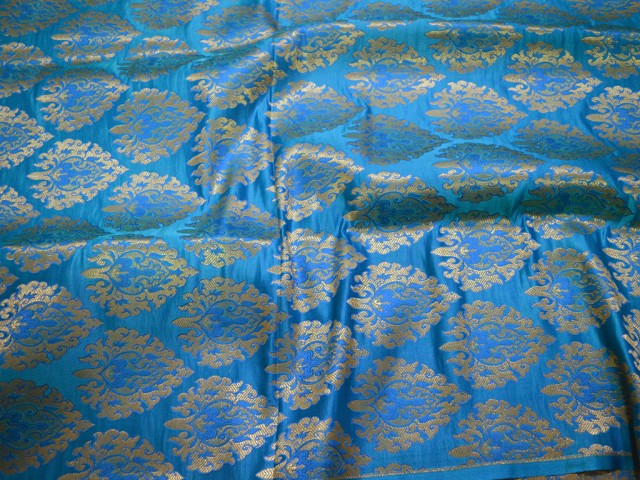 Banarasi Silk Blue and Gold Brocade By The Yard Festive Wear Dress Material Saree Making Brocade Kurtis clothing accessories Hand Purse Fabric Wall Décor Brocade
