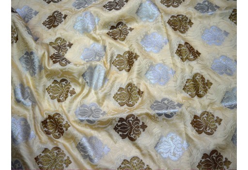 Golden Design Blended Silk Ivory Fabric By The Yard Indian Banarasi Jacket Sewing Material Bridal Clutches bridesmaid Wedding Dress Lehenga Making sherwani Brocade