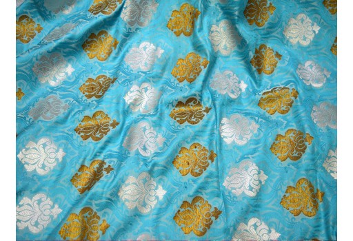 Turquoise Blue Bronze and Silver Brocade by the Yard Wedding Dress Fabric Banarasi Blended Silk Home Decor Table Runner Jacket Sofa Cover boutique Material Home Decoration Bed Sheets sewing accessories