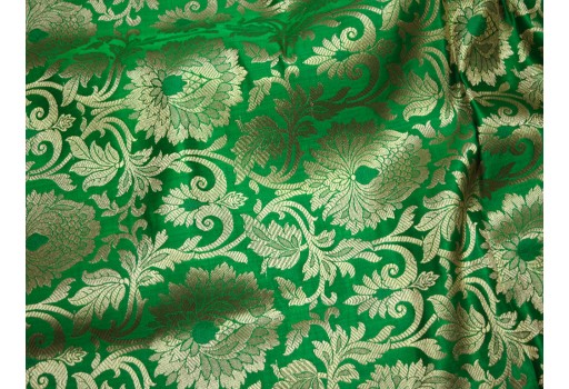 Indian Blended Silk Green and Gold Brocade By The Yard Headband Material Banarasi Frocks Kids Dress Golden Floral Design Doll Making Home Decoration Fabric