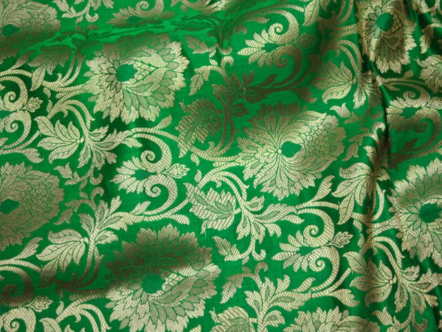 Indian Blended Silk Green and Gold Brocade By The Yard Headband Material Banarasi Frocks Kids Dress Golden Floral Design Doll Making Home Decoration Fabric