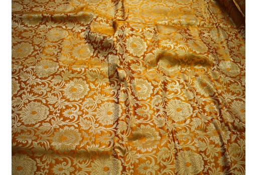 Mustard Yellow Brocade by the Yard Banarasi Fabric Wedding Dress Indian Blended Silk crafting Sewing vest coat purses festive wear wall decor table runner Fabric