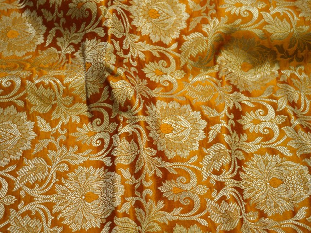 Mustard Yellow Brocade by the Yard Banarasi Fabric Wedding Dress Indian Blended Silk crafting Sewing vest coat purses festive wear wall decor table runner Fabric