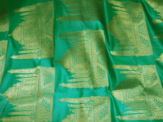 Illustrate golden woven beautiful Taj Mahal design on Sea Green Banarasi Silk Wedding Dress Making Brocade by the yard Sewing Material Costume Crafting Drapery Pillow Cushion Cover home furnishing fabric