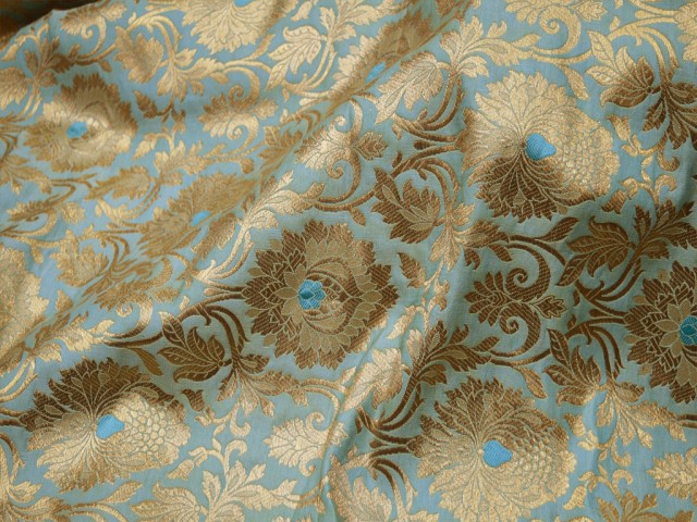 Banarasi Brocade Powder Blue Blended Silk Wedding Dress party wear Lengha Crafting Sewing table runner cushion covers making boutique material clothing accessories fabric