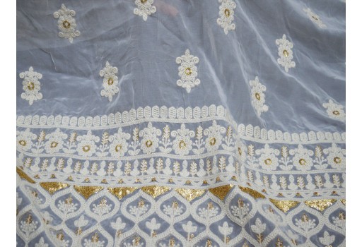 Ivory Dye-Able Embroidered Fabric By The Yard Sequin Saree White Georgette Sequined Wedding Dress Bridesmaid Lehenga Home Decor Table Runner Crafting Sewing Costumes Chikankari