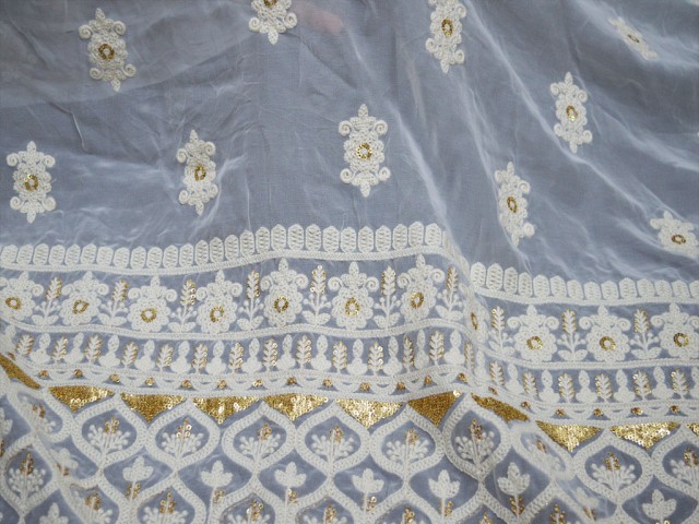 Ivory Dye-Able Embroidered Fabric By The Yard Sequin Saree White Georgette Sequined Wedding Dress Bridesmaid Lehenga Home Decor Table Runner Crafting Sewing Costumes Chikankari
