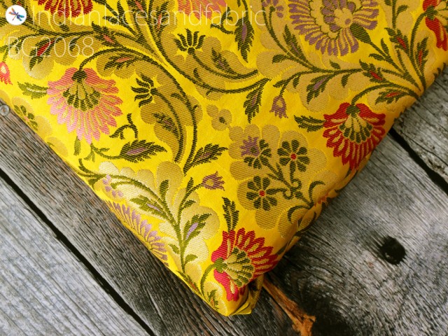 Yellow Indian silk brocade by the yard wedding dress jacket banarasi costume material sewing crafting skirts curtain upholstery furnishing cushion cover home décor fabric