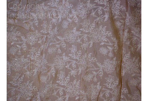 Indian beige embroidered crinkled chiffon viscose fabric by the yard embroidery sewing nursery curtain crafting summer women dress material home décor lehenga making fabric