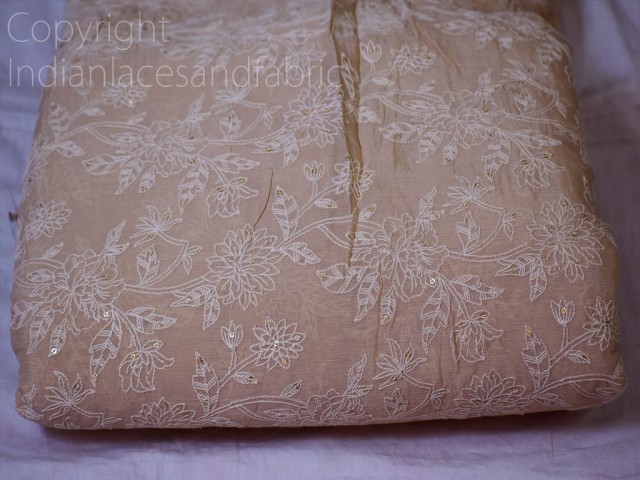 Indian beige embroidered crinkled chiffon viscose fabric by the yard embroidery sewing nursery curtain crafting summer women dress material home décor lehenga making fabric