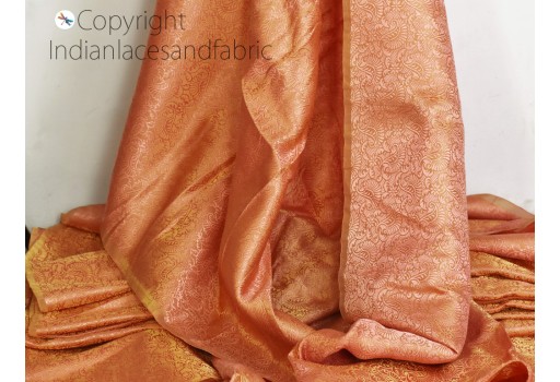 Indian peach gold brocade fabric by the yard banaras wedding dress material lehenga diy crafting sewing home décor blouse curtains costume sofa cover boutique material gown making fabric 