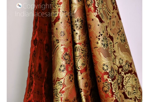 Indian maroon brocade fabric by the yard banarasi festival dress lehenga costume sewing crafting home décor table runners boutique material sofa cover curtains making fabric