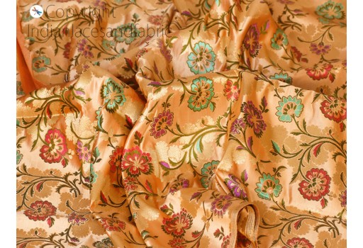 Peach Indian silk brocade by the yard wedding dress jacket banarasi costume material sewing crafting skirts curtain upholstery home furnishing table runner curtains making fabric