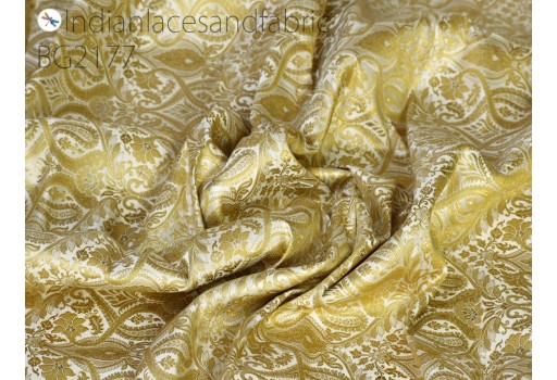 Off white brocade fabric by the yard Indian gold banarasi wedding dresses blouses sewing cushion covers curtains banaras home decor furnishing costumes bridesmaid lehenga skirts making fabric