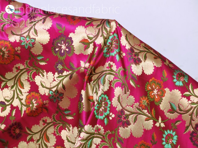 Indian magenta silk brocade by the yard wedding dress jacket banarasi costume material sewing crafting blouses curtain upholstery furnishing home décor bridesmaid lehenga