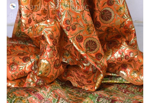 Orange brocade fabric Indian silk by the yard banarasi dress material costume banaras wedding dresses crafting sewing cushions upholstery drapery hair craft home décor table runner