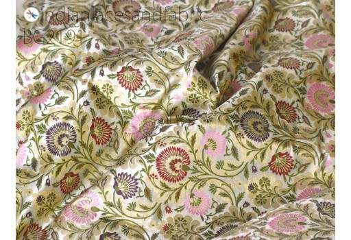 Indian Ivory banarasi silk brocade by the yard wedding dress jacket costume material sewing crafting blouses curtain upholstery furnishing home décor table runner cushion cover