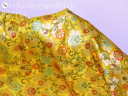 Yellow Indian silk brocade by the yard wedding dress jacket banarasi costume material sewing crafting skirts curtain upholstery furnishing home deor table runner hair craft