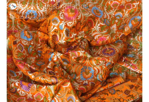 Orange Indian silk brocade fabric by the yard banarasi material costume wedding dress crafting sewing cushions upholstery drapery home décor hair craft pillowcase